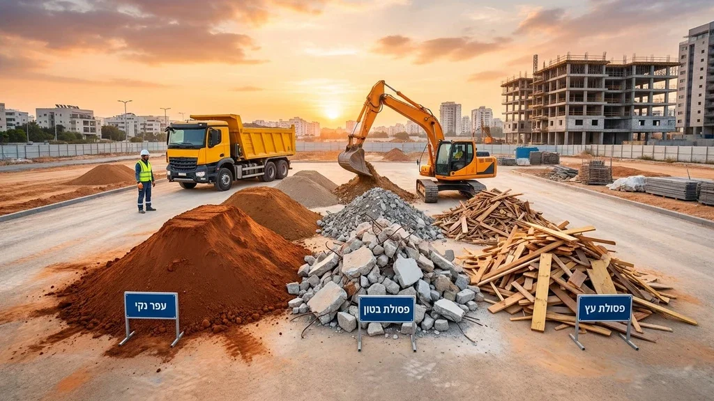 ערימות אדמה מסודרות ומשאית פינוי באתר בנייה