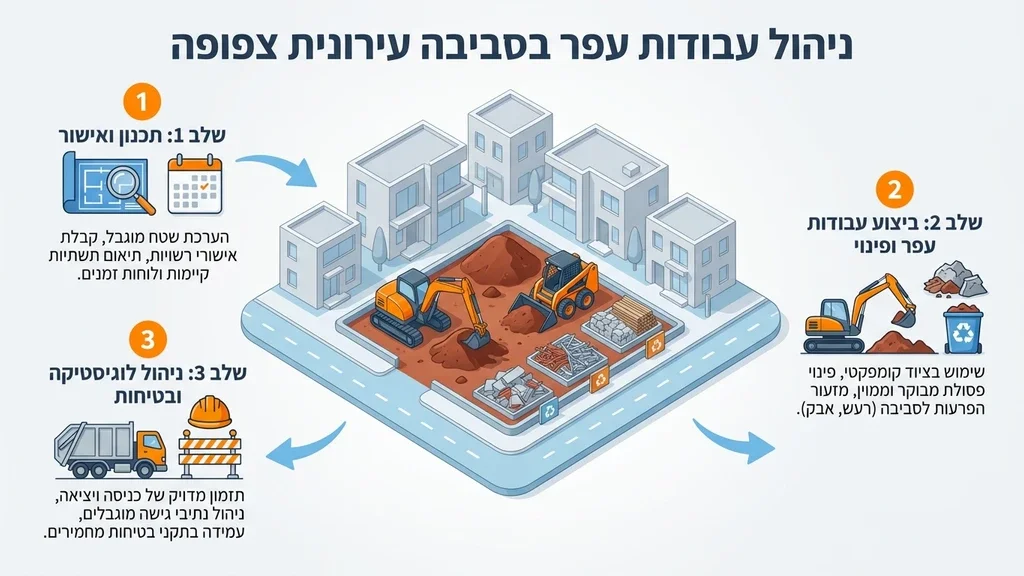 אתר עבודות עפר המדגים עבודה בשטח בנוי וצפוף
