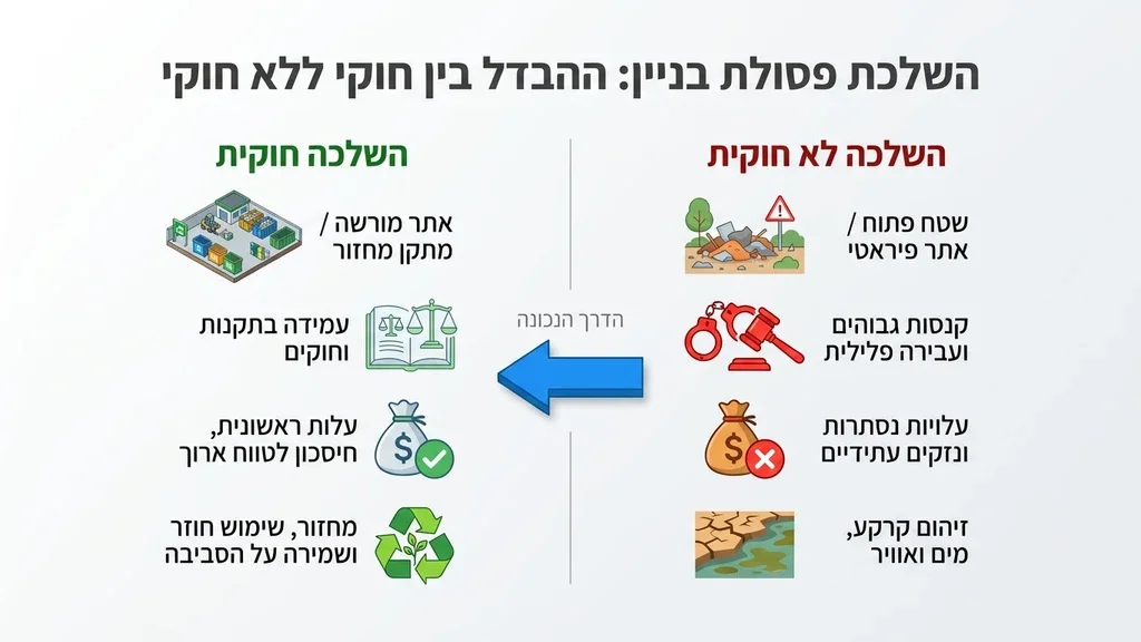 מכולה פתוחה המלאה בשאריות בטון ובלוקים באתר בניה מוסדר