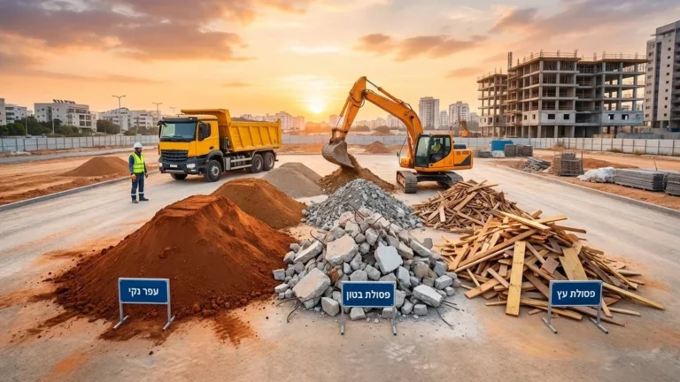 ערימות אדמה מסודרות ומשאית פינוי באתר בנייה
